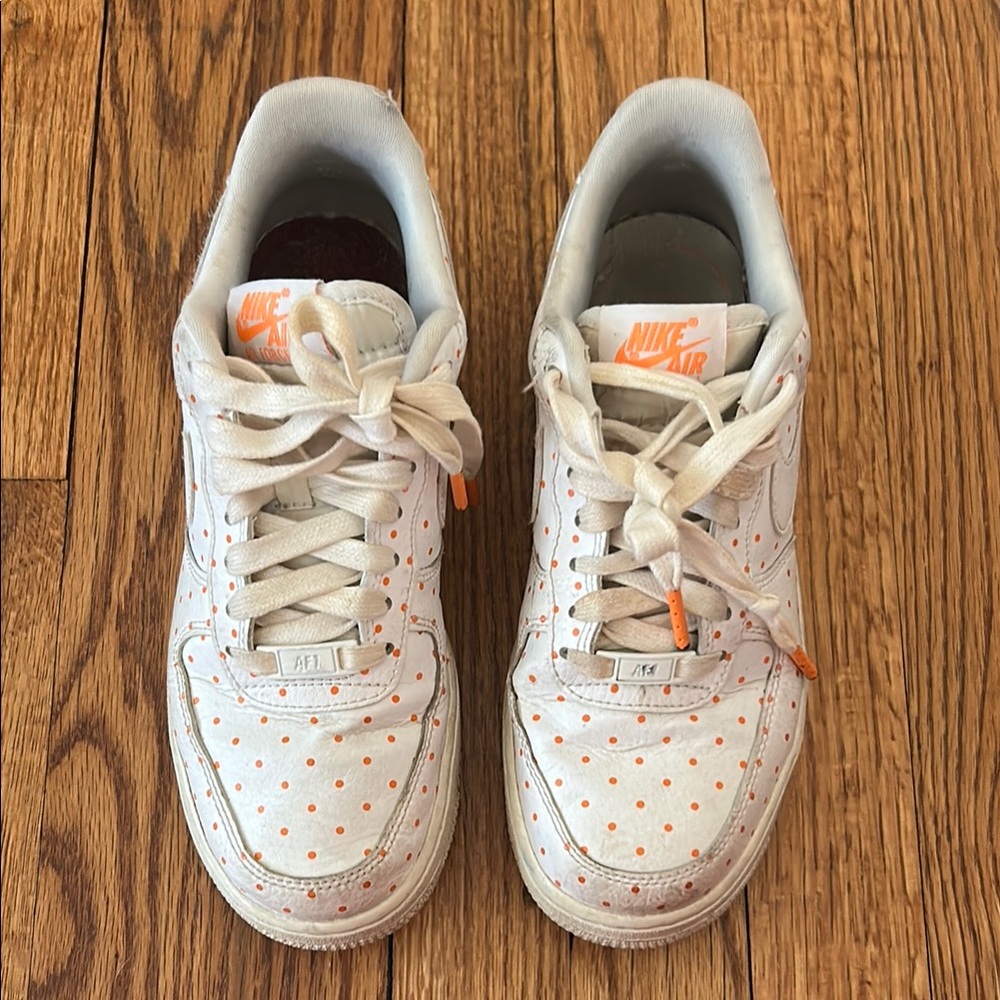 Nike Air Force 1 White and Orange Polka Dot Sneakers